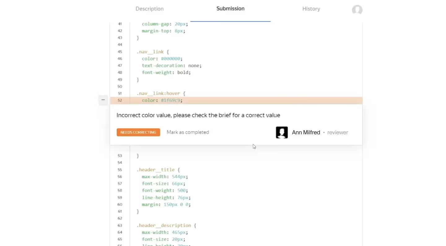 Historical Practicum code review screen with a highlighted CSS line and reviewer feedback