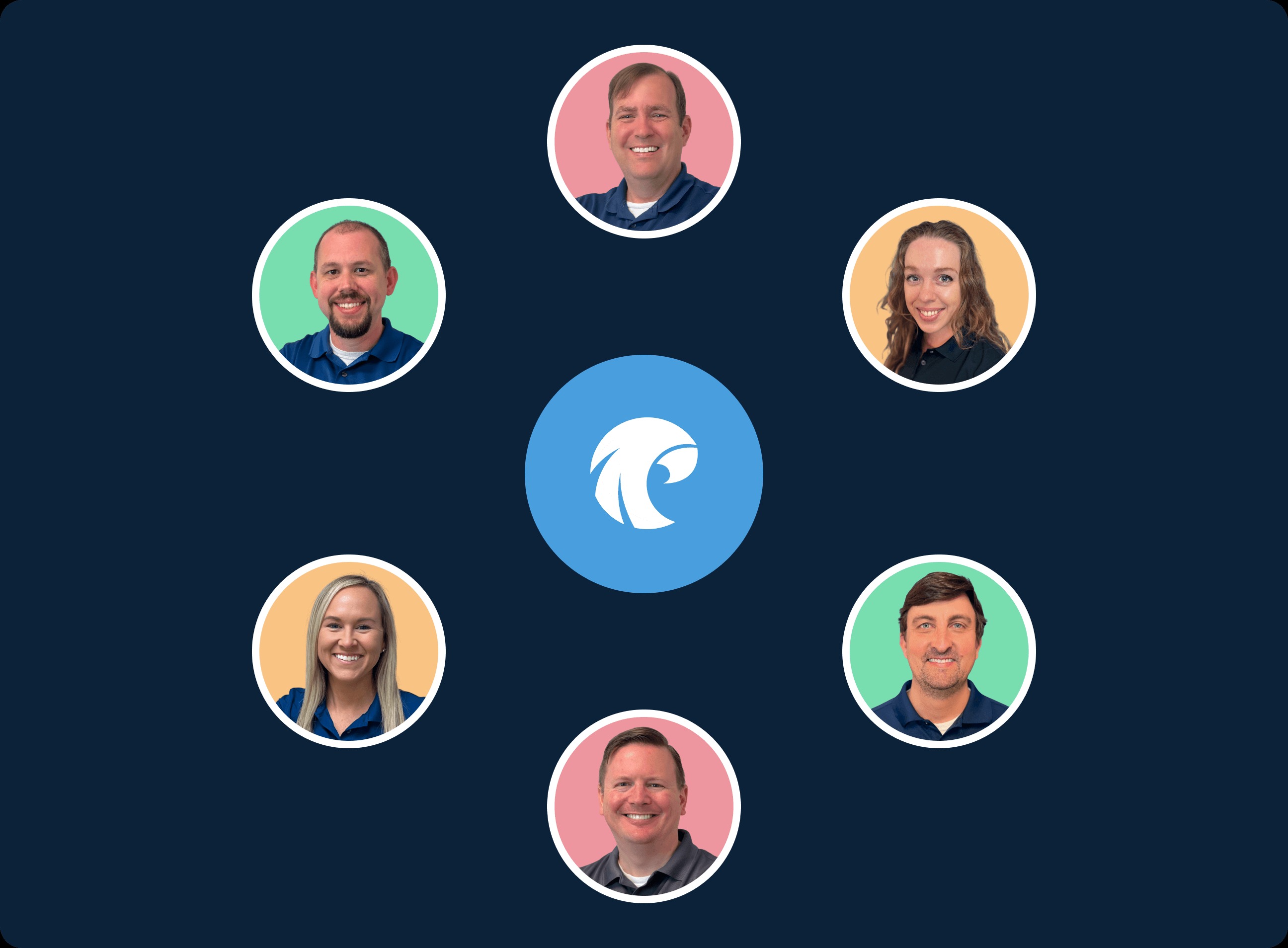 A graphic featuring six Pragmatic Works instructors arranged around the company's wave mark