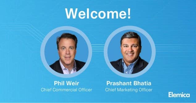Elemica welcome graphic showing Phil Weir and Prashant Bhatia at their 2024 executive appointments
