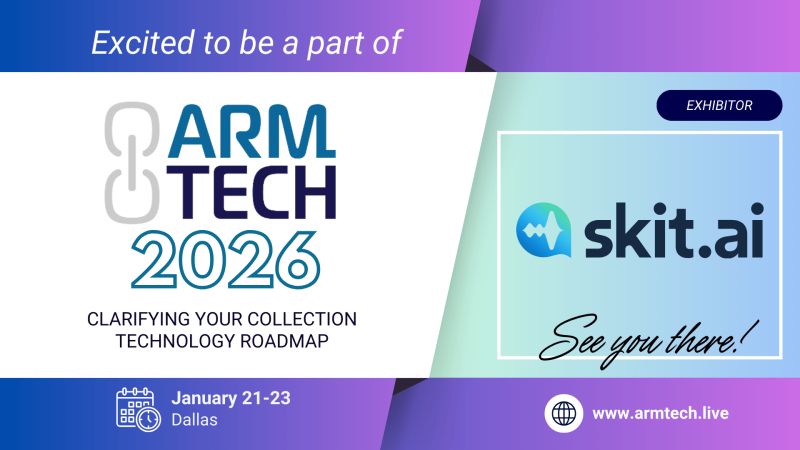 ARM Tech 2026 event graphic announcing Skit.ai as an exhibitor in Dallas, January 21 to 23