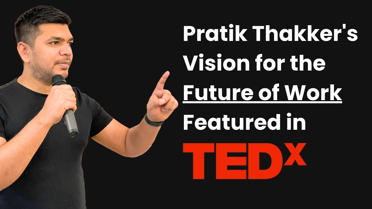 Press graphic showing Pratik Thakker speaking with a microphone about the future of work