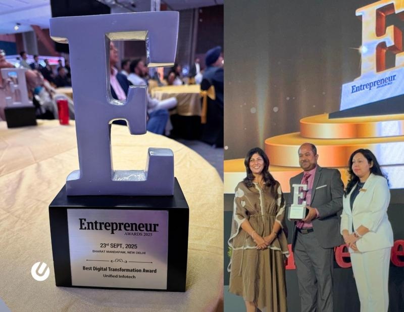 A company press photograph pairs Unified Infotech’s Entrepreneur Awards 2025 trophy with Pratip Biswas accepting the award on stage.