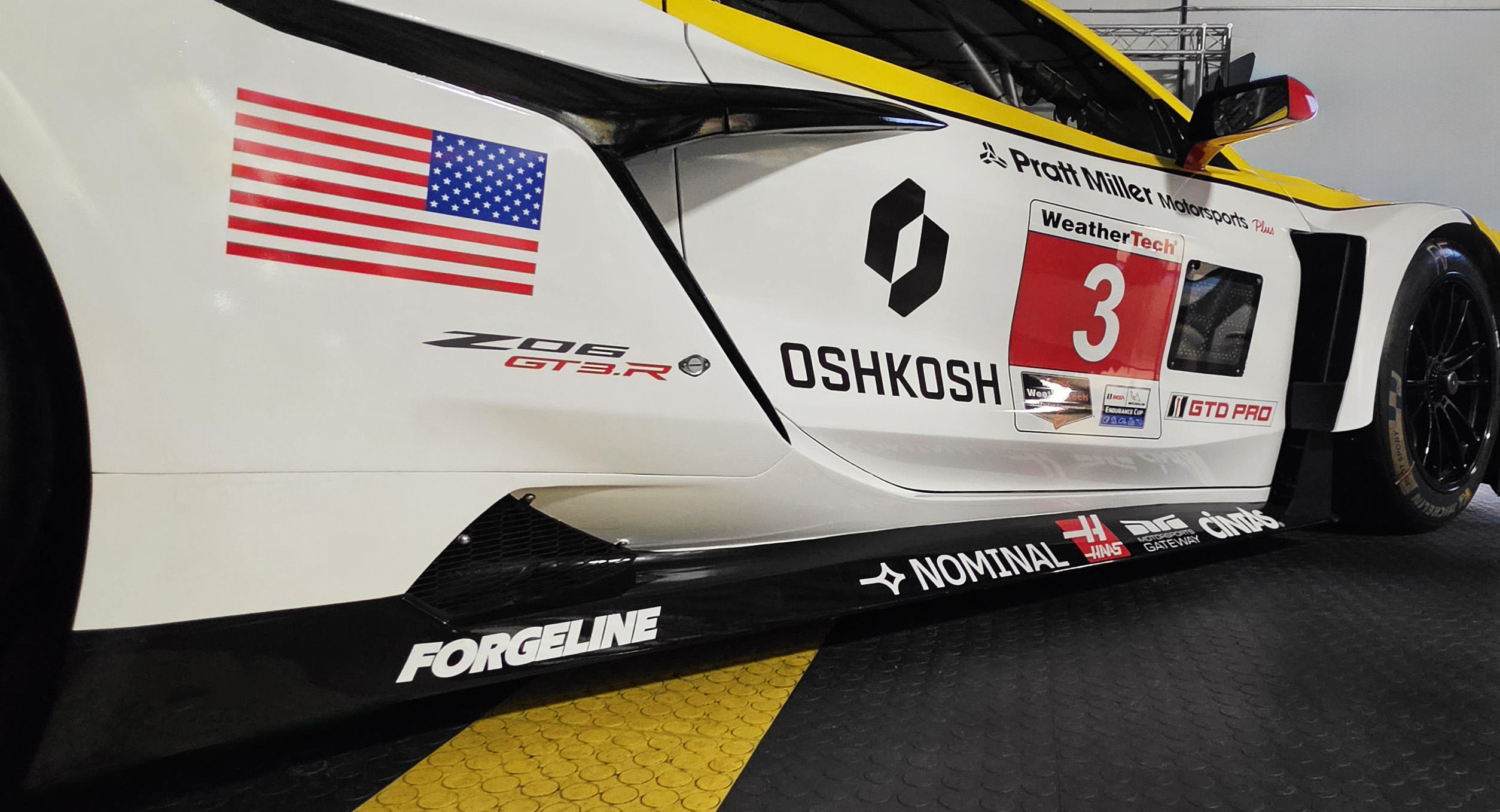 Side detail of the No. 3 Corvette Z06 GT3.R in its white-sided 2026 throwback livery