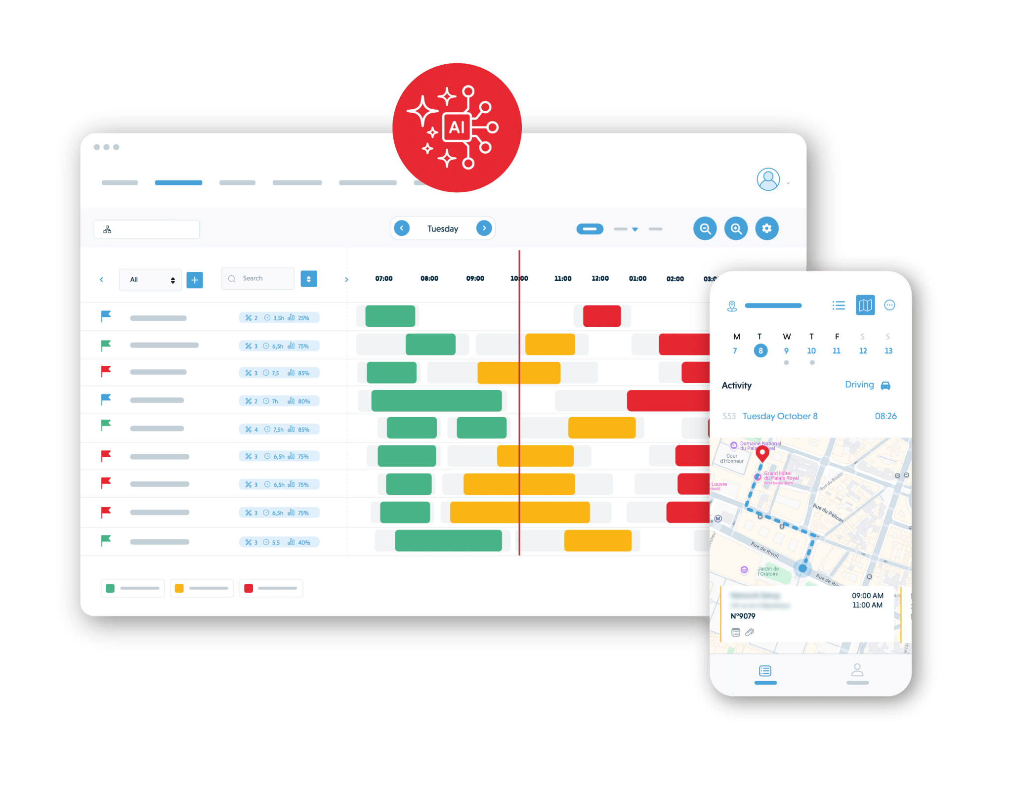 Praxedo promotional product image showing desktop scheduling and mobile work-order interfaces