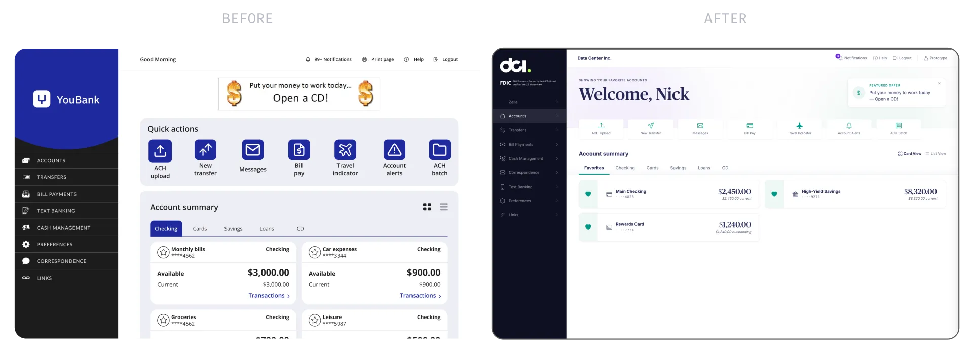 DCI case study compares an earlier banking account summary with its redesigned interface