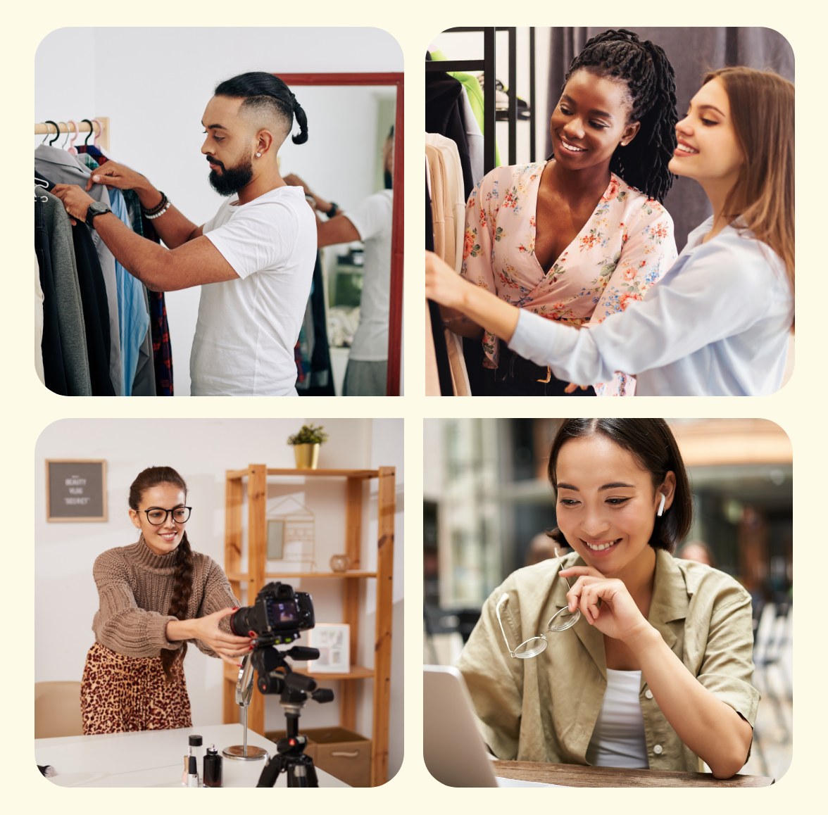 Collage of apparel shoppers browsing racks, trying on clothes and shopping online