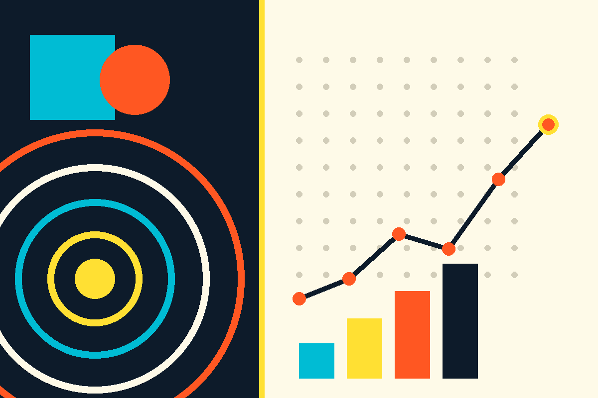 Swiss-style graphic of concentric rings and a rising data trajectory