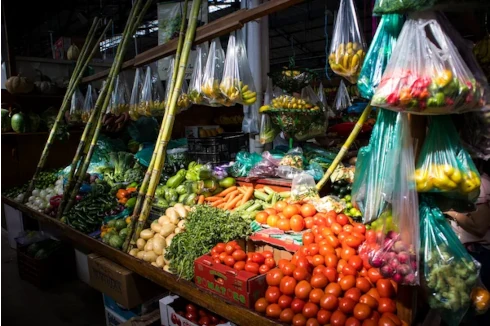 Vegetables and fruit displayed in an informal produce market