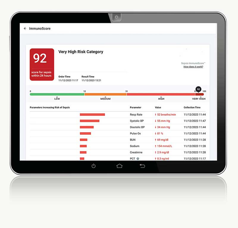 Sepsis ImmunoScore displayed on a tablet at the point of care