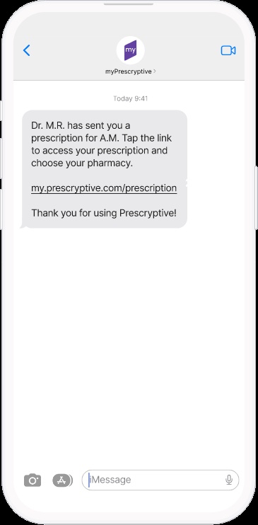 myPrescryptive mobile screen showing a new prescription text alert