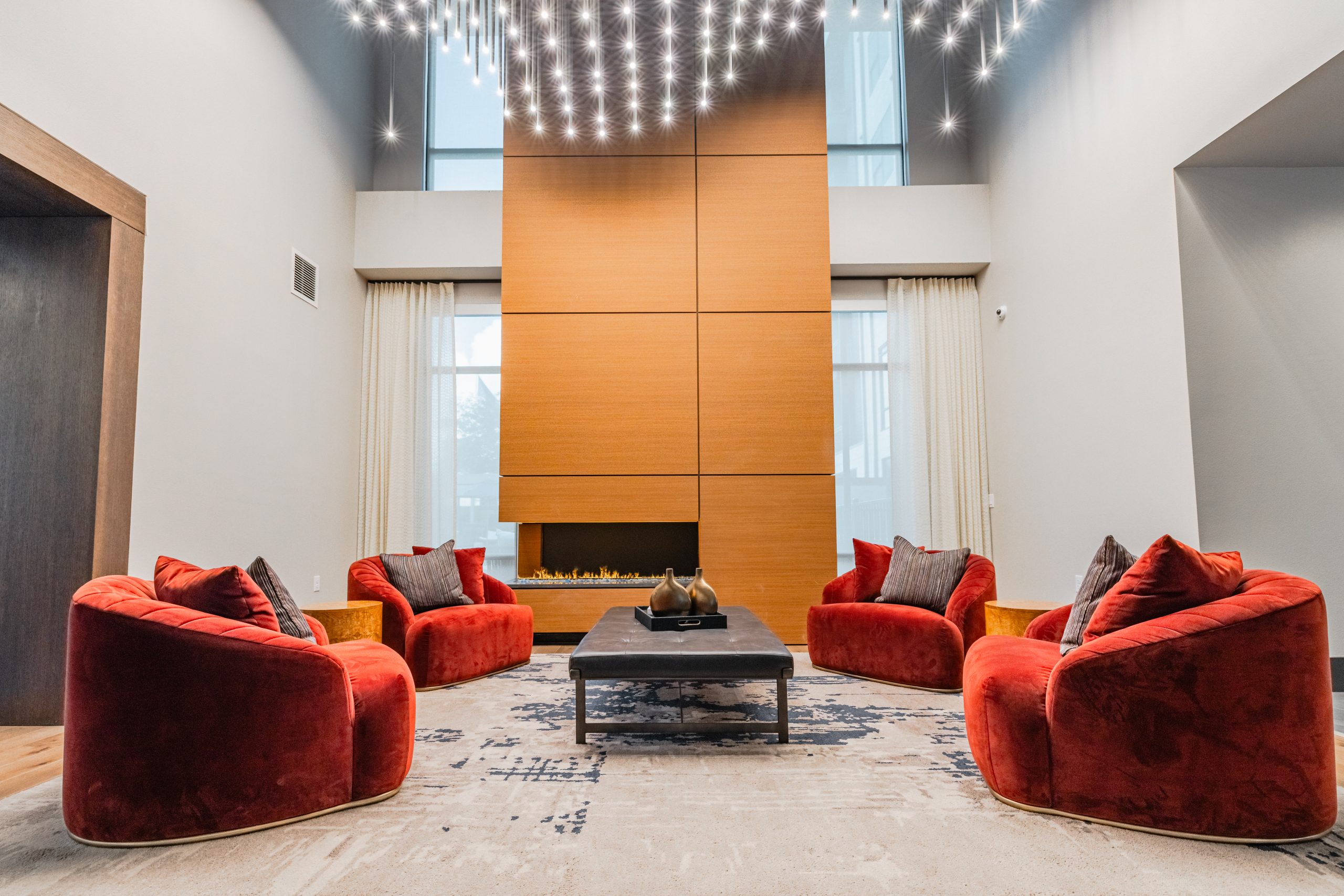 Double-height resident lounge at Presidium Waterford in North Austin