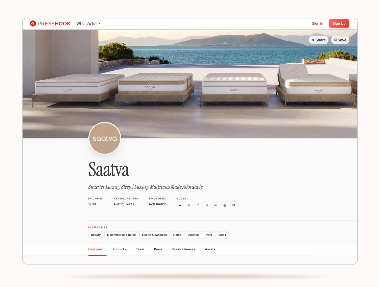 Press Hook interface showing a structured brand press kit