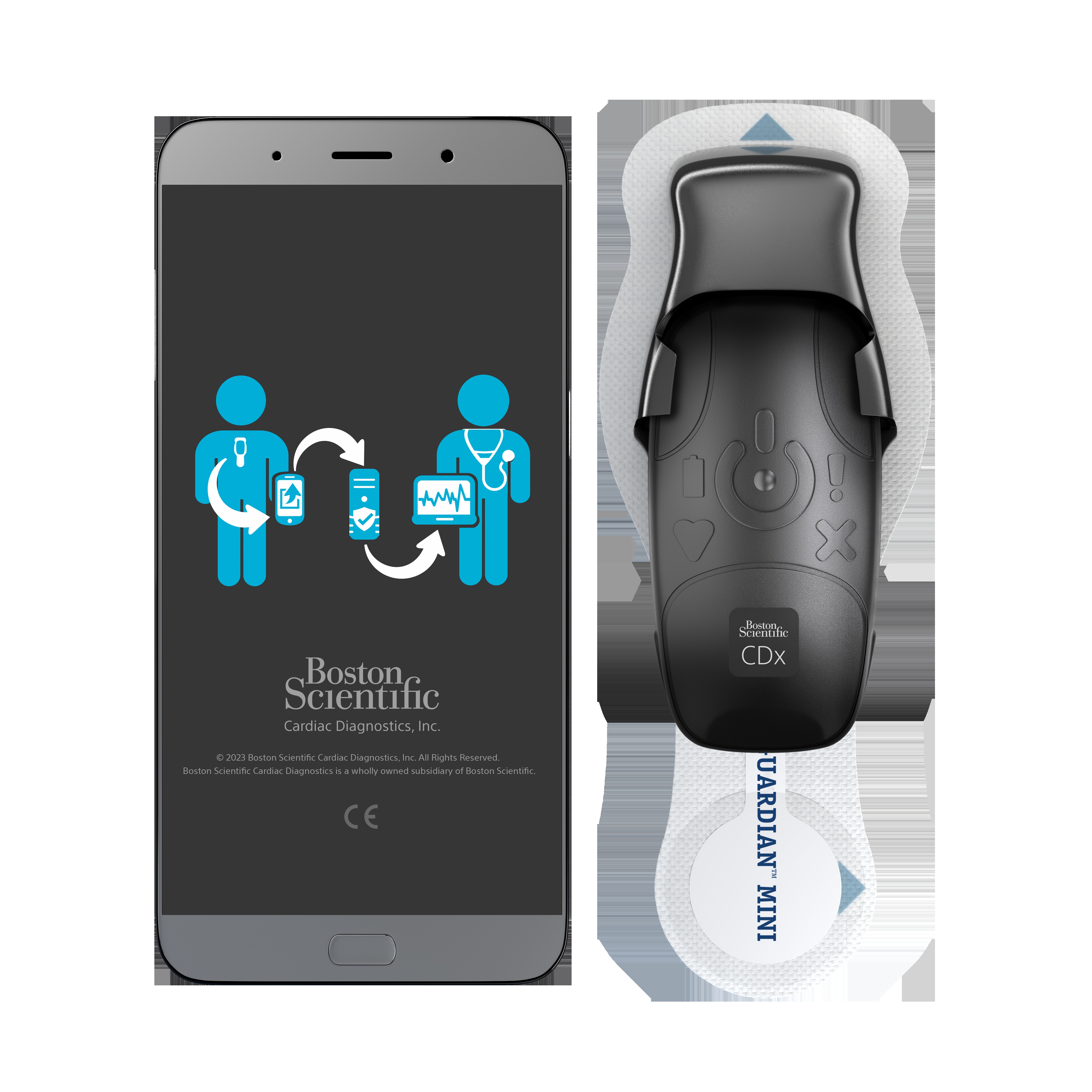 BodyGuardian MINI sensor on its adhesive strip beside the companion phone