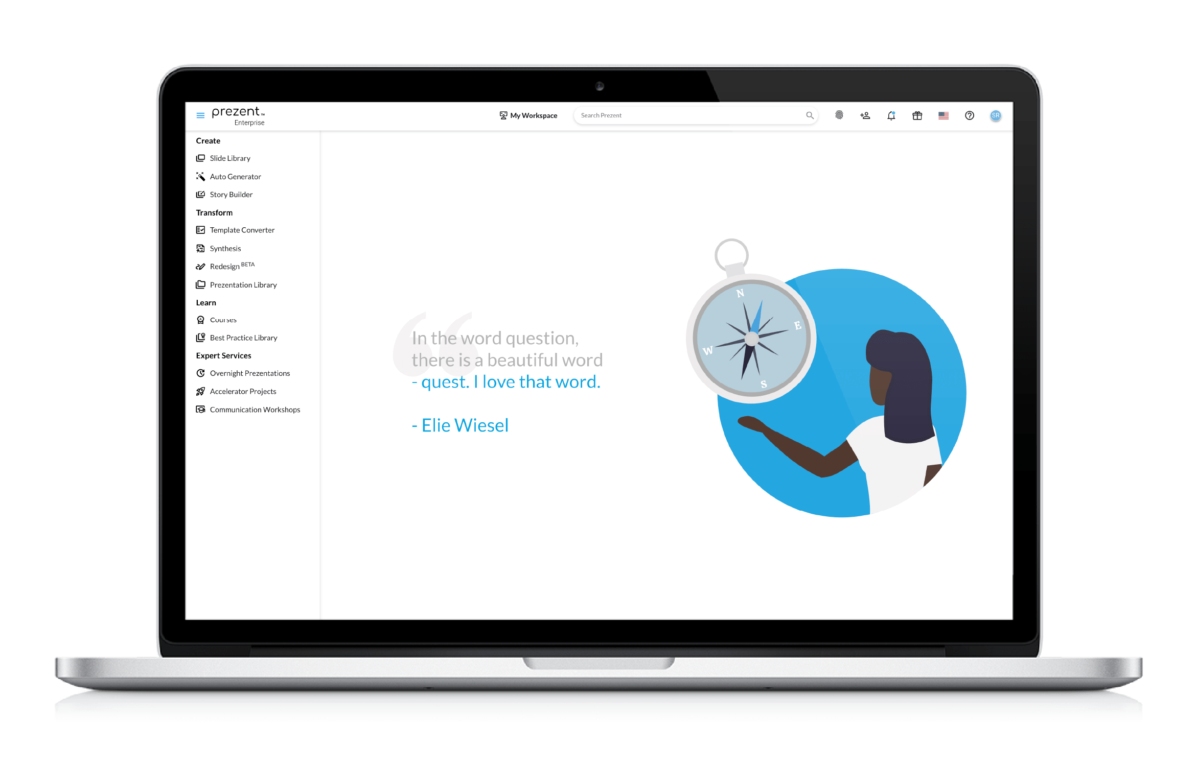 Prezent platform illustration showing slide creation, transformation, learning and expert service tools