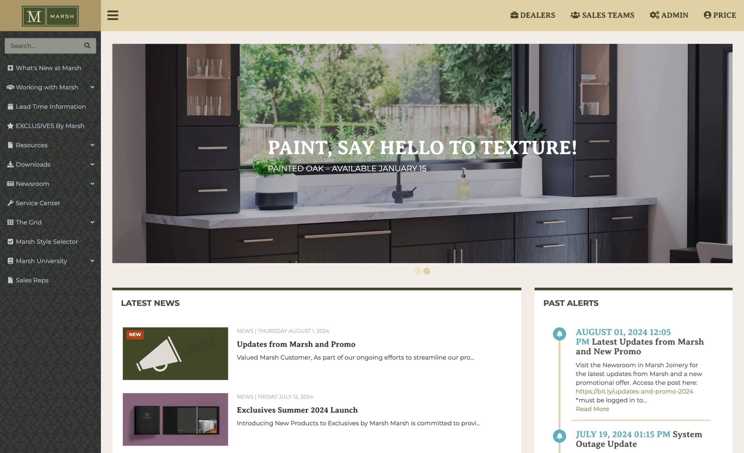 The Marsh Cabinets dealer portal dashboard developed with PriceWeber