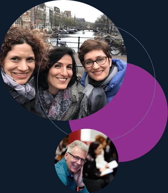 Prilenia’s website collage of three women beside a canal and a smiling man at a gathering