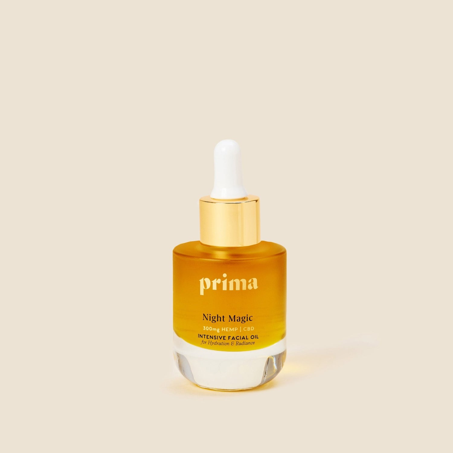 Prima Night Magic facial oil in an amber dropper bottle