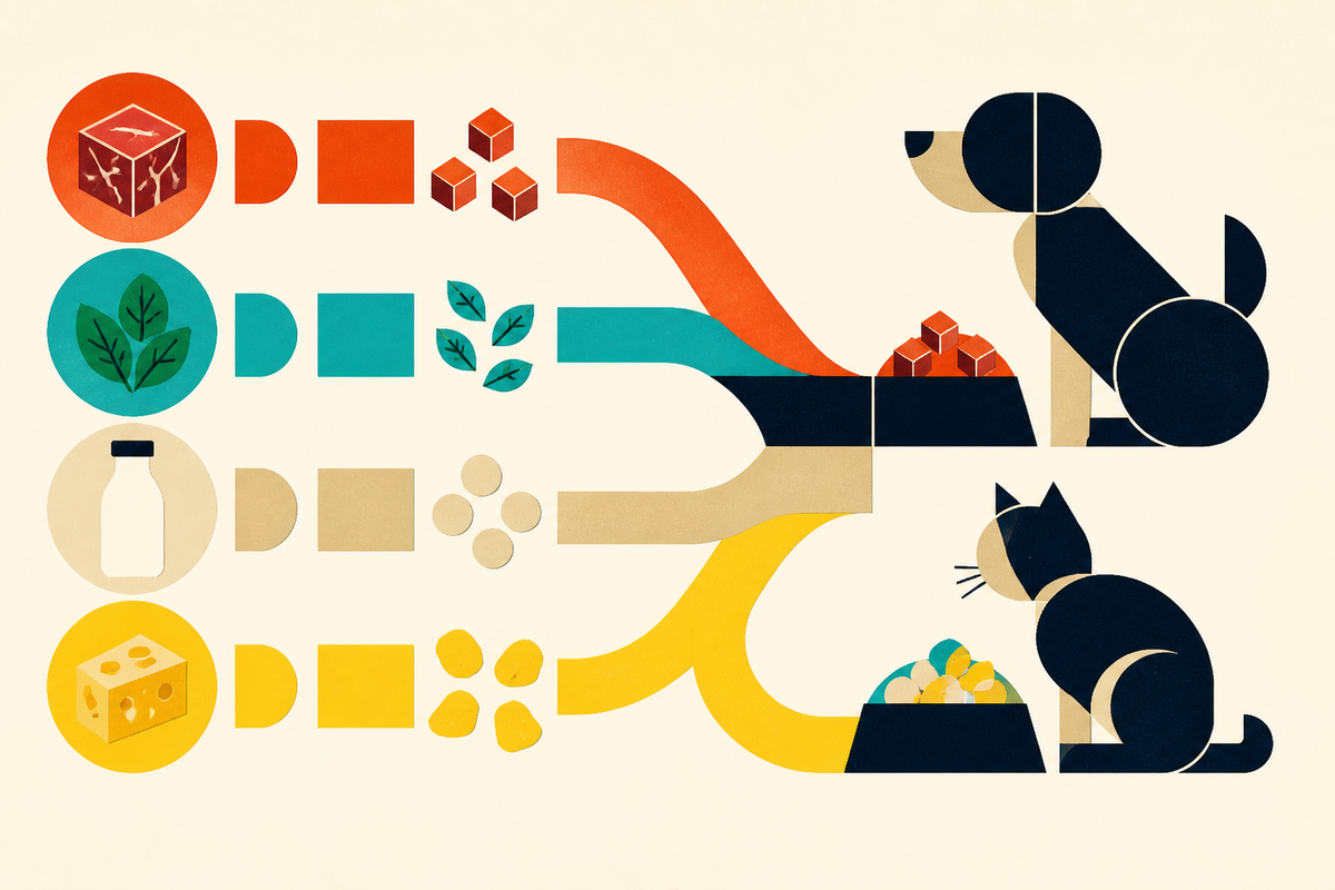 Abstract Swiss-style illustration of ingredient forms moving toward bowls beside a dog and cat