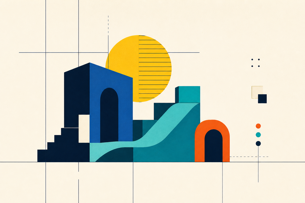 Abstract Swiss-style composition of interlocking arches, steps, a circle and a rising path in navy, teal, yellow and orange