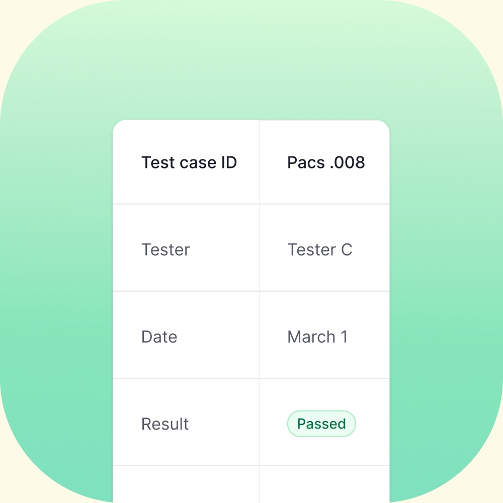 PAYAPT product illustration showing a payment-message test summary and a passed result