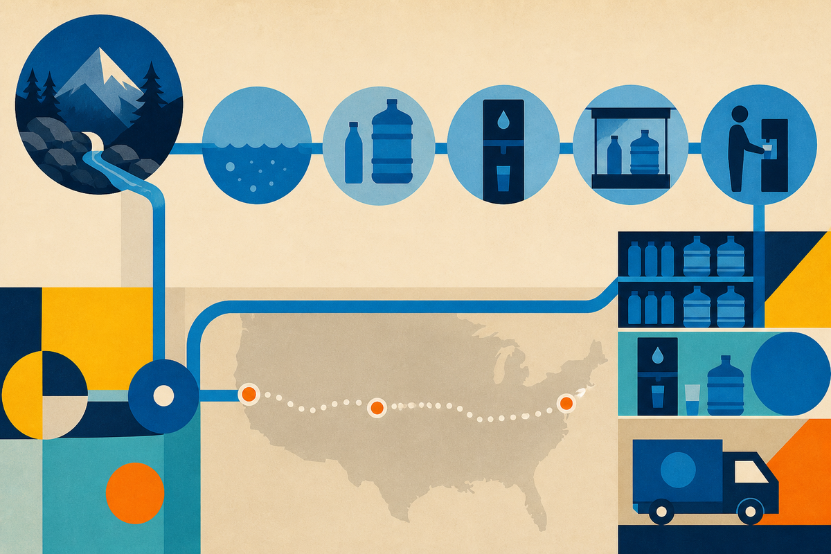 Abstract Swiss-style illustration tracing water from a mountain spring through bottles, a dispenser, a refill point, retail shelves and delivery across the United States