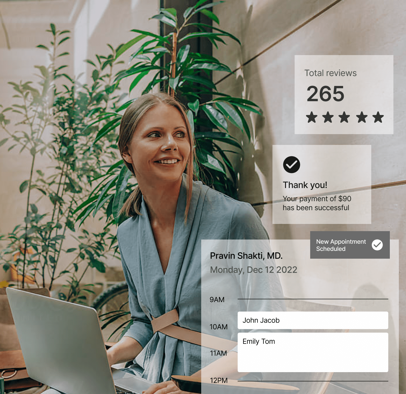 Primrose promotional illustration combining a person with scheduling, payment and review interface examples