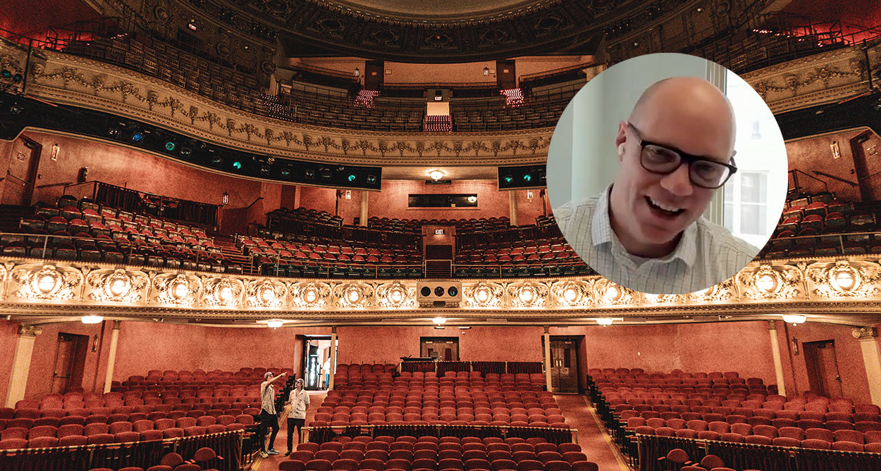 Prism promotional composite showing an ornate Pabst theater interior and a portrait of Matt Beringer
