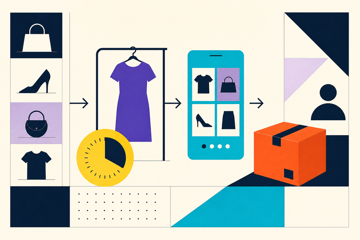 Abstract Swiss-style illustration showing fashion moving from a rack through a mobile storefront to a shipping box and customer