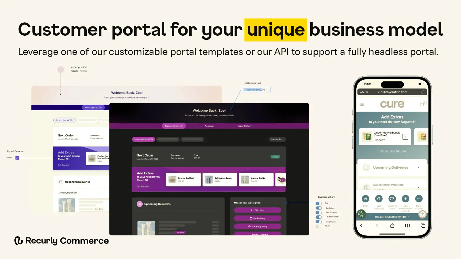 Recurly Commerce customer portal templates showing order details, add-ons, and subscription controls
