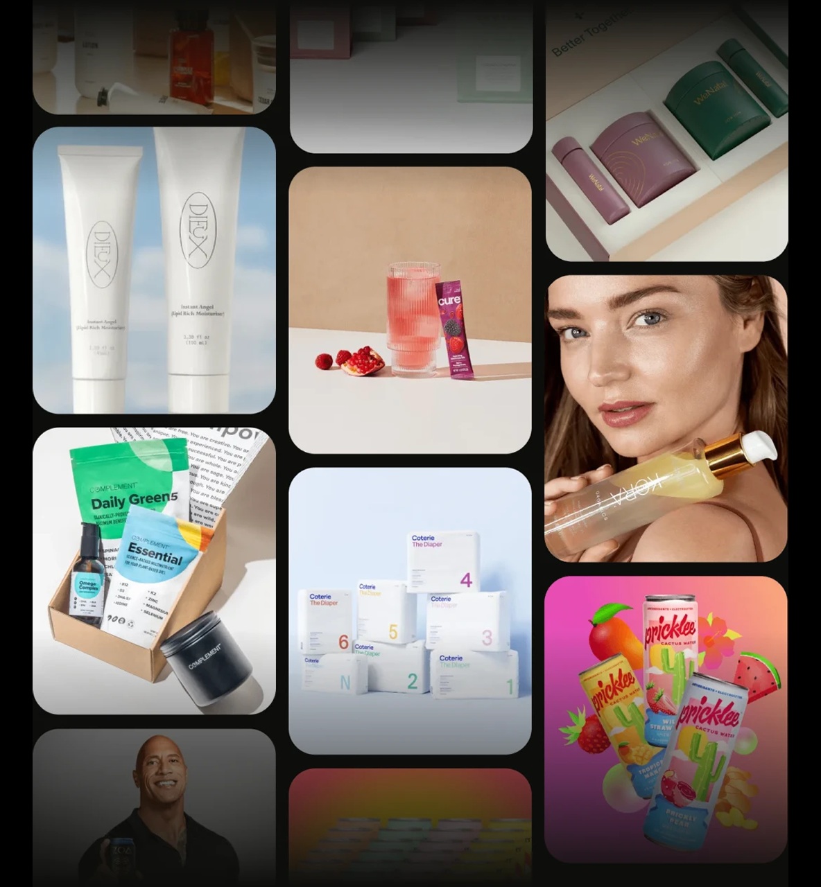 Commerce marketing montage with skincare, supplements, diapers, drinks, and other consumer products