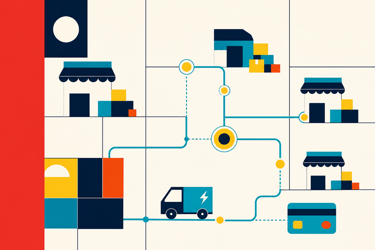 Abstract Swiss-style illustration of stores, a distribution hub, an electric delivery vehicle and a payment card connected by routes