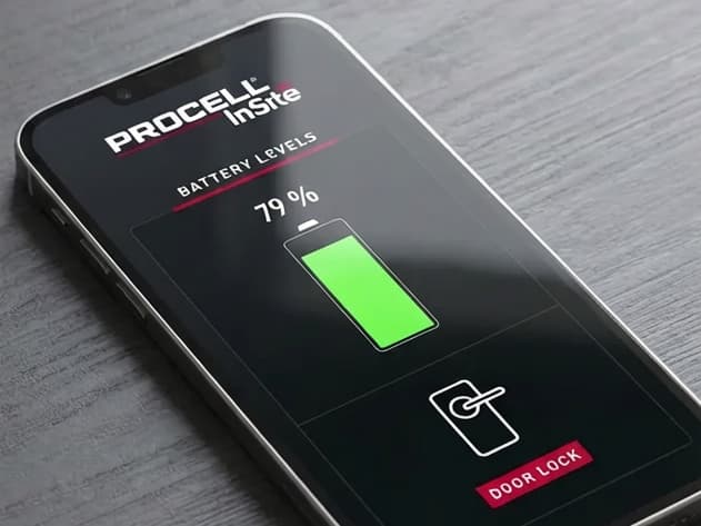 Procell promotional phone display showing a door-lock battery level of 79 percent
