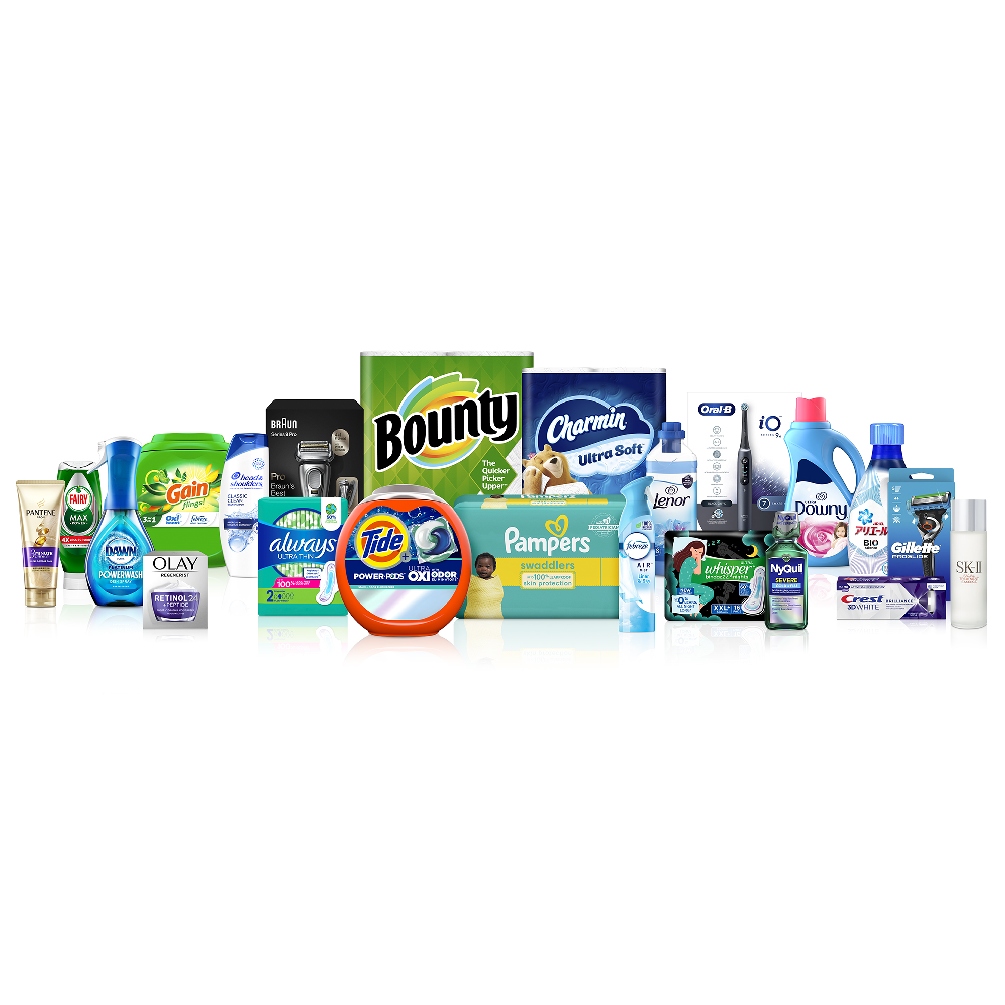 An assortment of P&G products including Tide, Pampers, Bounty, Charmin, Olay and Gillette