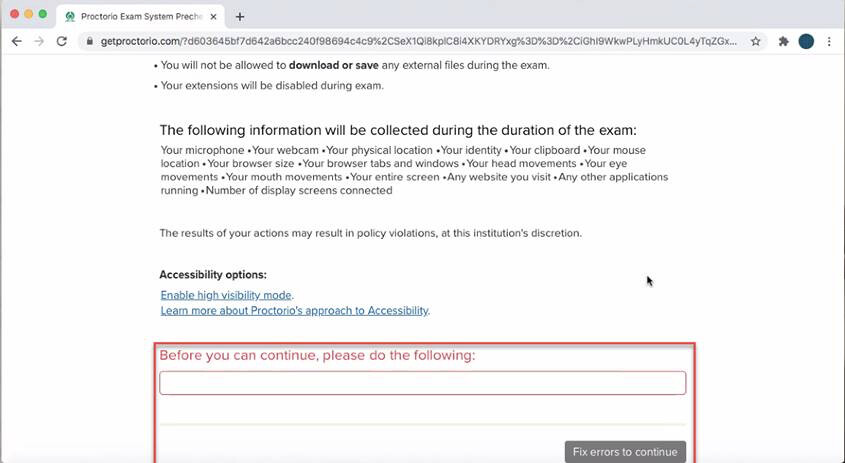 A Proctorio exam system precheck screen showing required controls and accessibility links