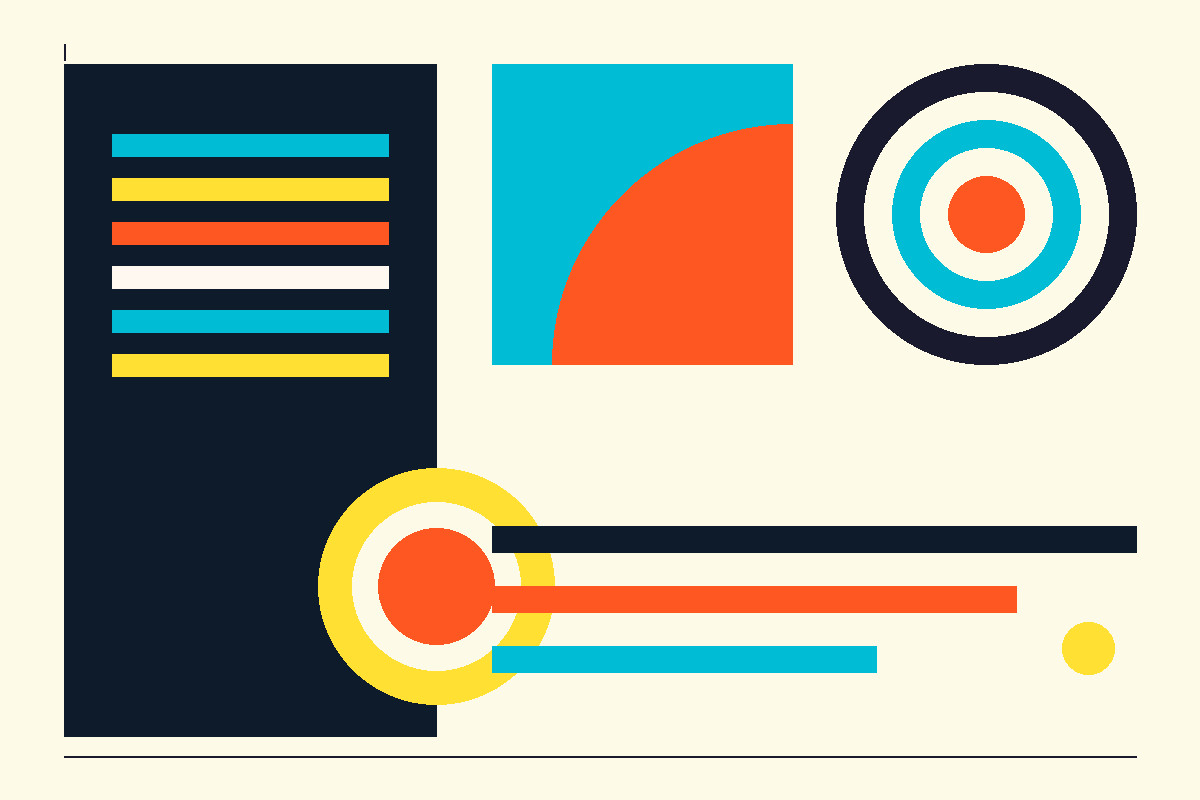 Swiss-style geometric graphic of stacked plastic sheets, rod cross-sections and concentric tubing rings