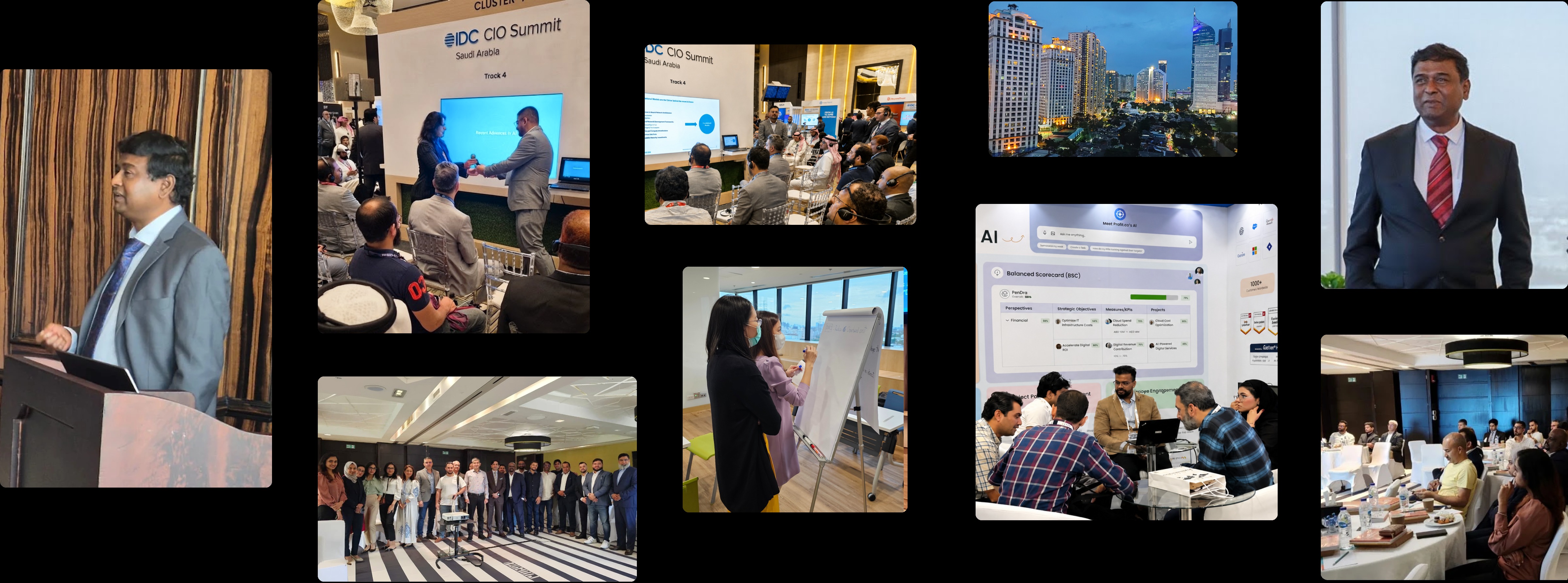 Company collage of Profit.co colleagues at events, in offices and with customers