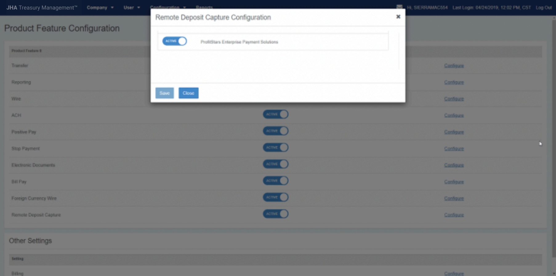 Jack Henry Treasury Management configuration screen showing ProfitStars Enterprise Payment Solutions enabled for remote deposit capture