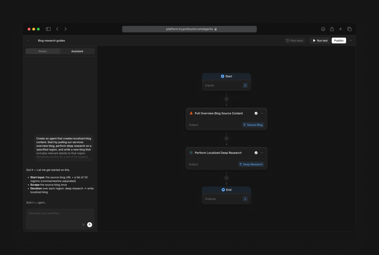Profound Agent Assistant interface with a conversation panel and editable workflow nodes