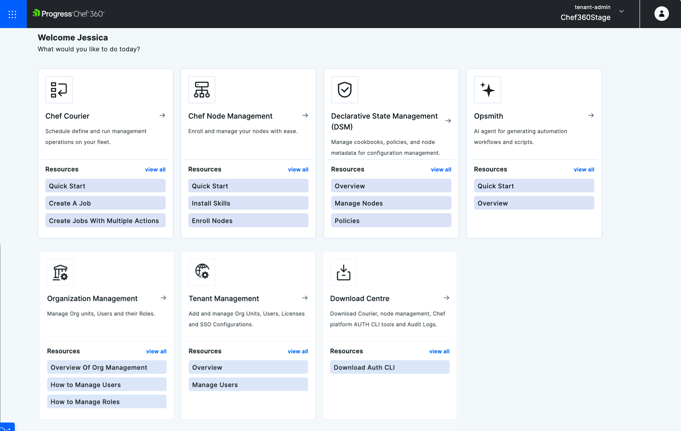 Chef 360 dashboard showing Courier, Node Management, Declarative State Management and Opsmith tiles