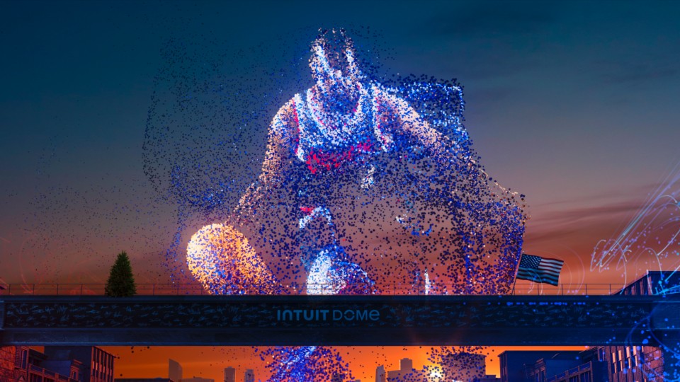 A digital basketball player towers above the Intuit Dome plaza in imagery created for the LA Clippers Halo experience
