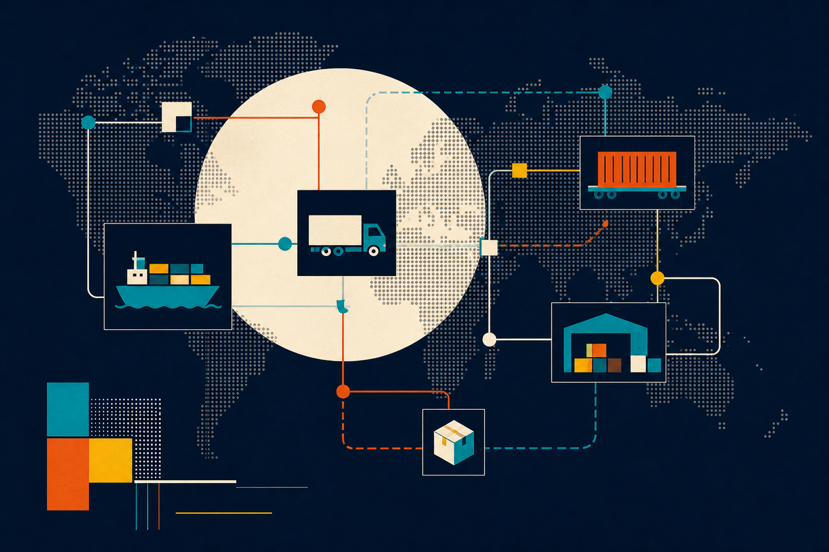 Abstract Swiss-style illustration of ships, trucks, rail, warehouses and parcels linked by a global data network