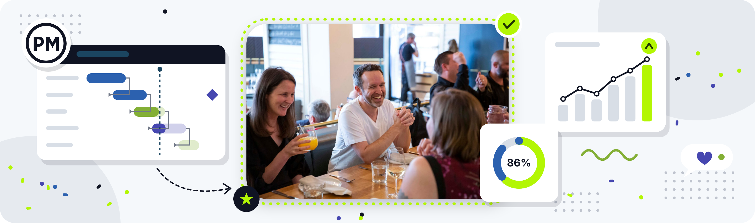 ProjectManager About-page artwork with a photograph of colleagues gathered around a table