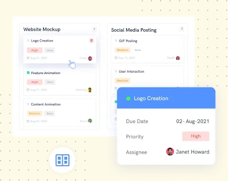 Projectsly product illustration showing website and social-media task cards and a Logo Creation assignment