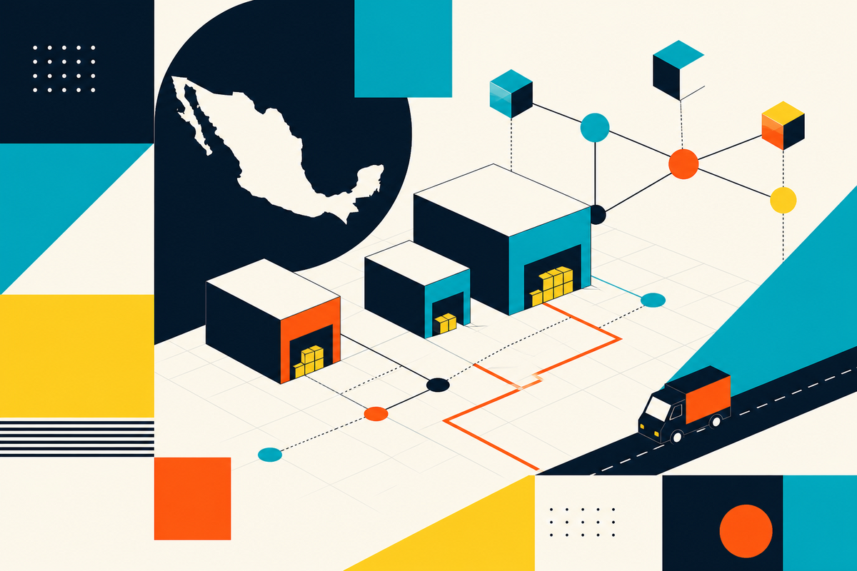 Abstract Swiss-style illustration of warehouses, connected inventory nodes, Mexico and a delivery truck