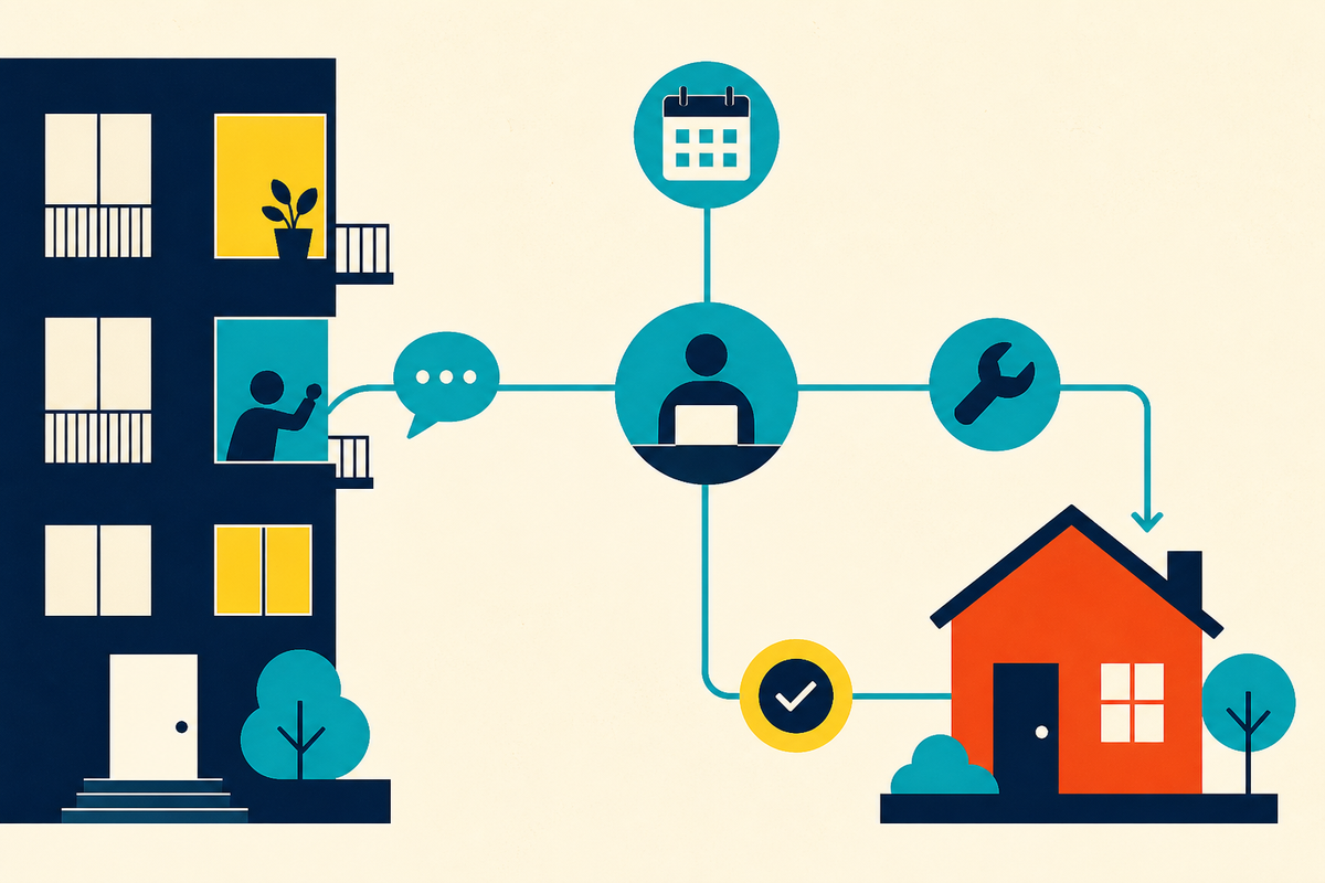 Abstract Swiss-style illustration of an apartment, a house and a connected maintenance workflow