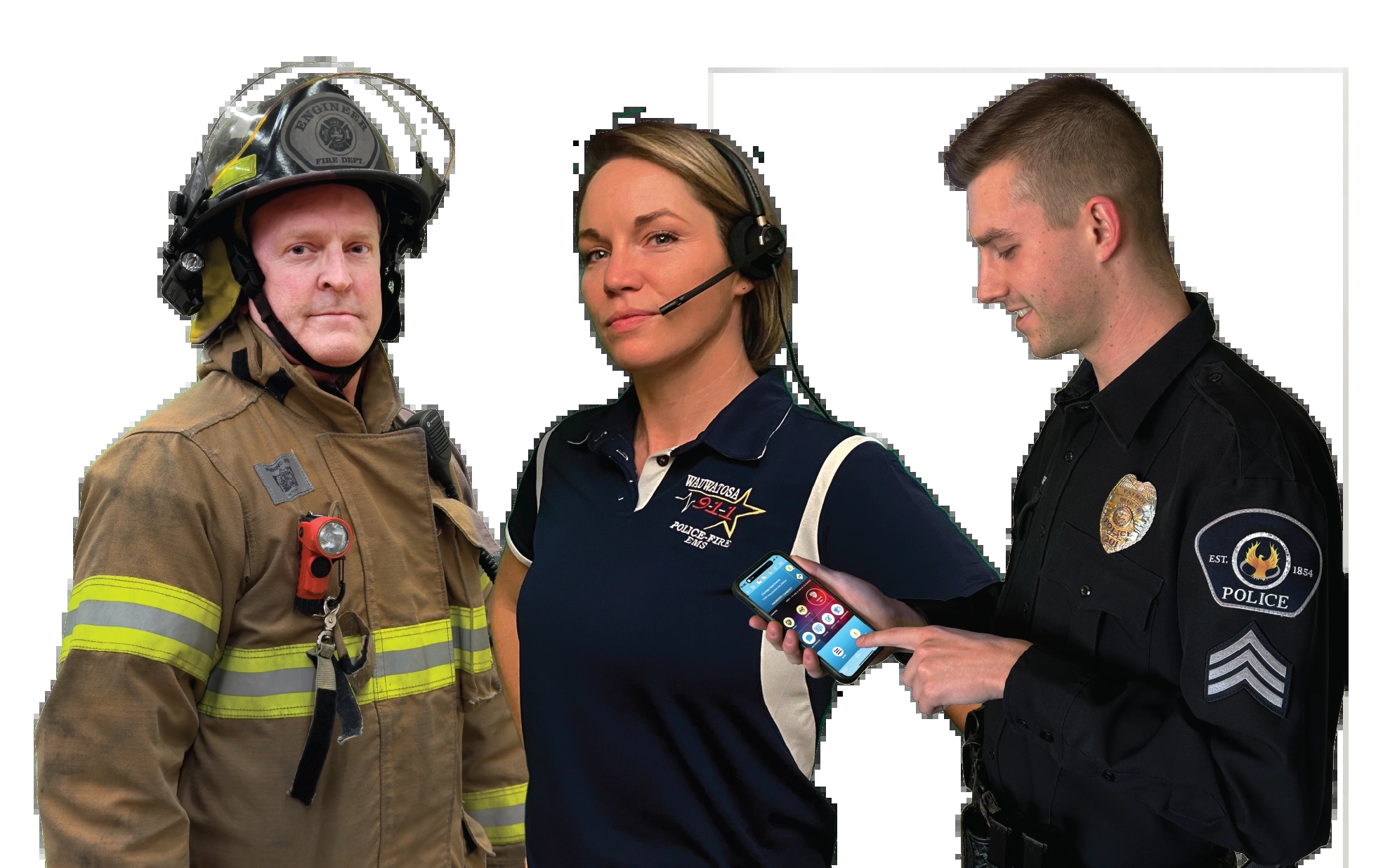 ProPhoenix promotional composite of a firefighter, a headset-wearing dispatcher and a police officer using a smartphone