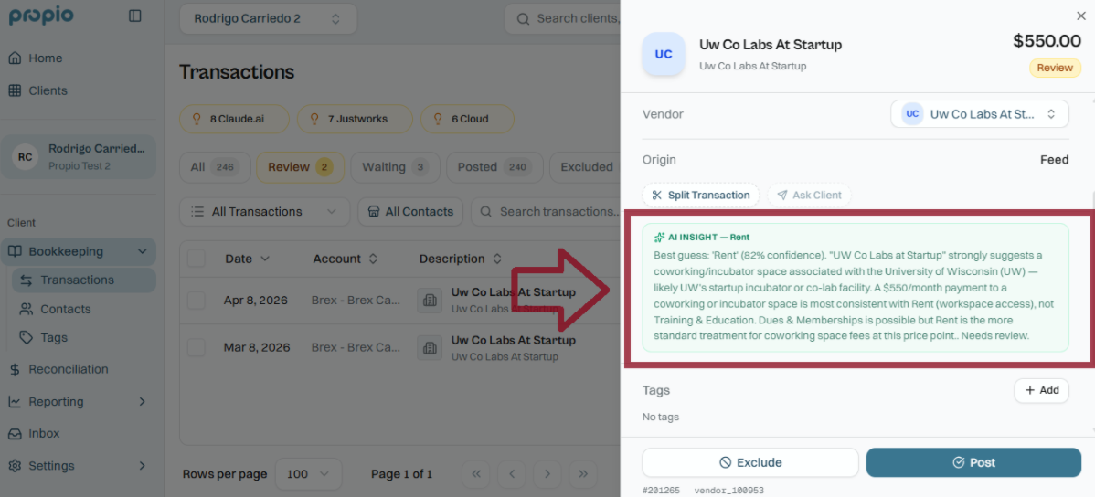 Propio transaction detail interface showing its AI insights panel