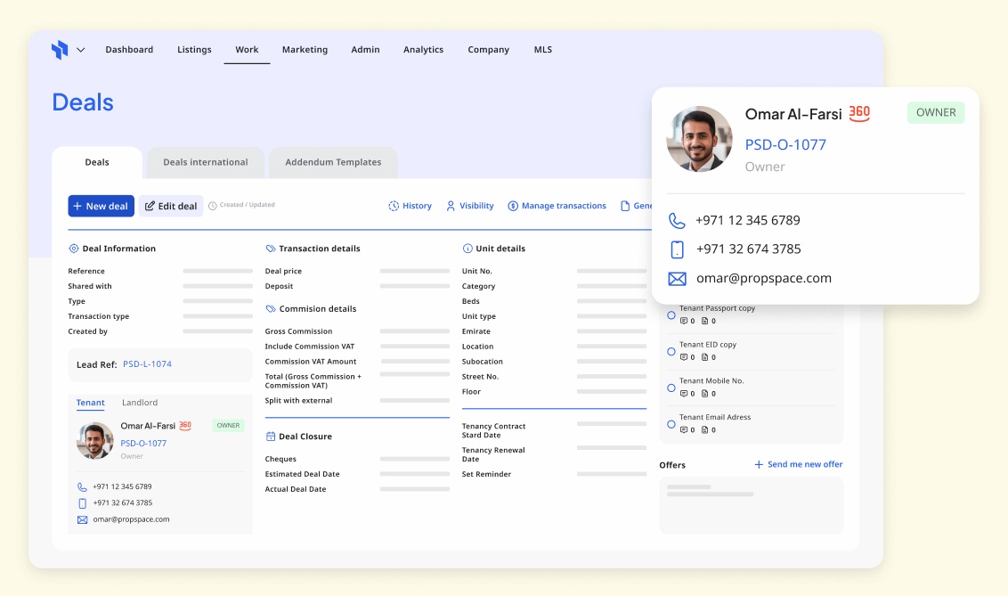 PropSpace’s supplied brokerage product mockup showing a deal record and contact card
