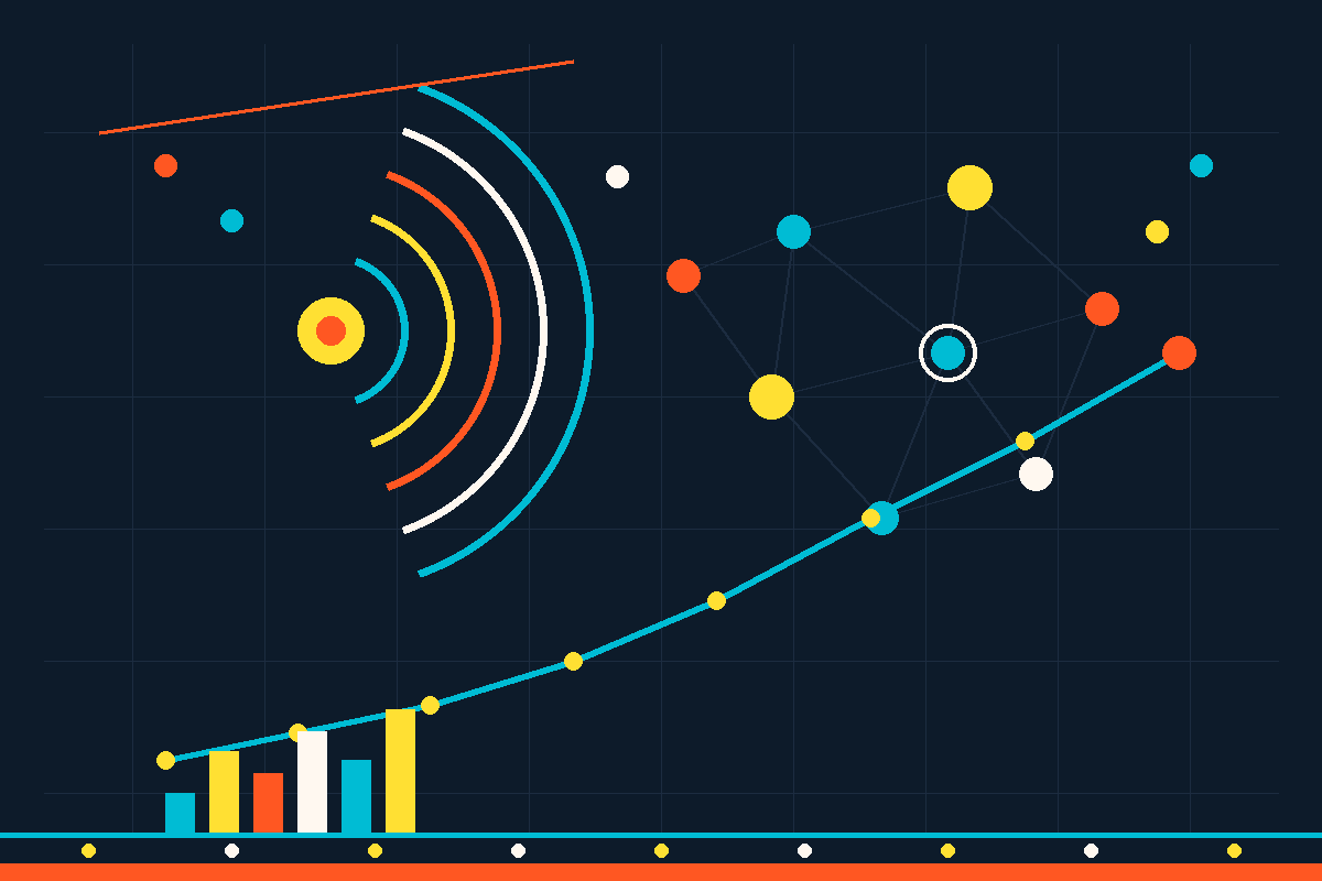 Swiss-style graphic: a broadcast signal, a network of connected nodes, and a rising performance curve