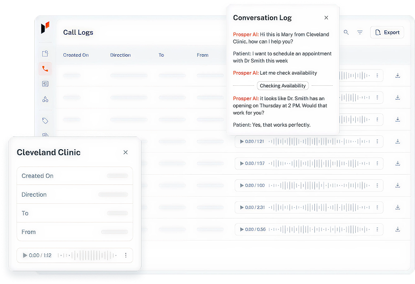 Illustrative Prosper interface with call records, audio and a conversation log